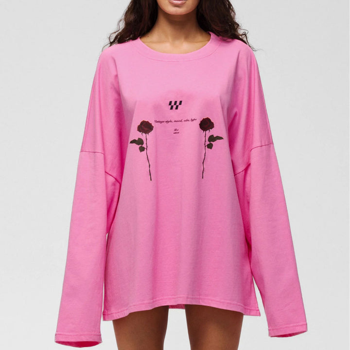 Damen Oversized Langarm-T-Shirt mit floralen Grafikdetails Drune