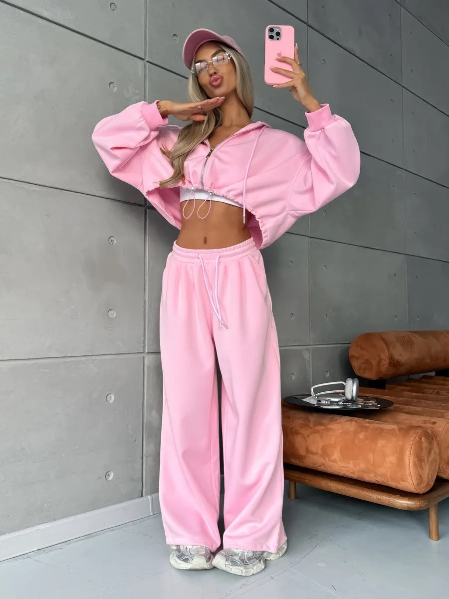 Damen bequemer Cropped Hoodie und weite Jogginghose Drune