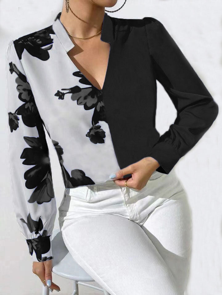 Damen Bluse mit einzigartigem floralen Muster und elegantem V-Ausschnitt Drune