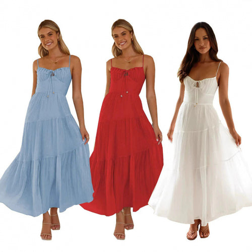 Damen Maxikleid mit herkömmlichem Spaghettiträgerschnitt und romantischem Volantdesign Drune