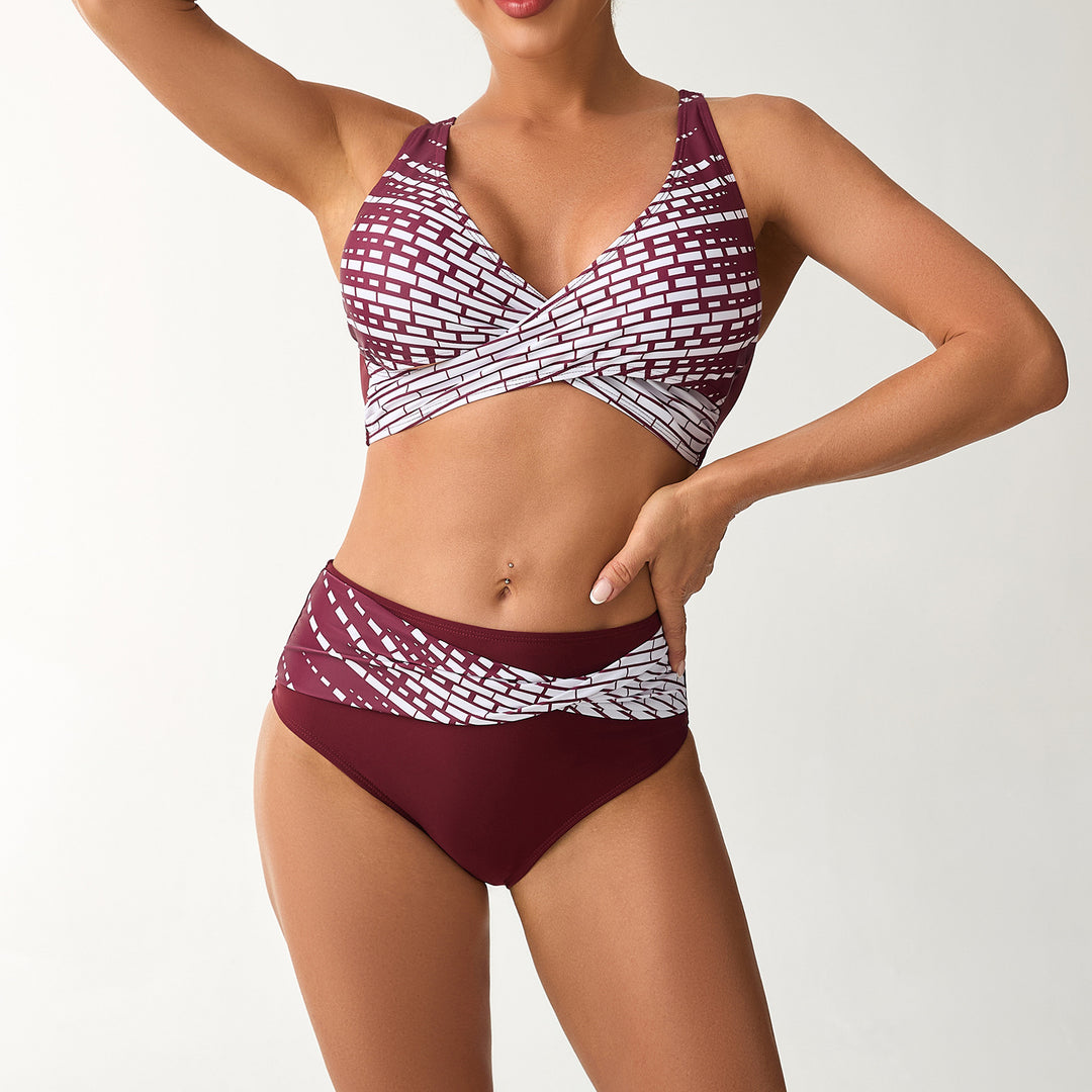 Damen Hochtailliertes Bikini-Set mit geschnürtem Oberteil und grafischen Akzenten Drune