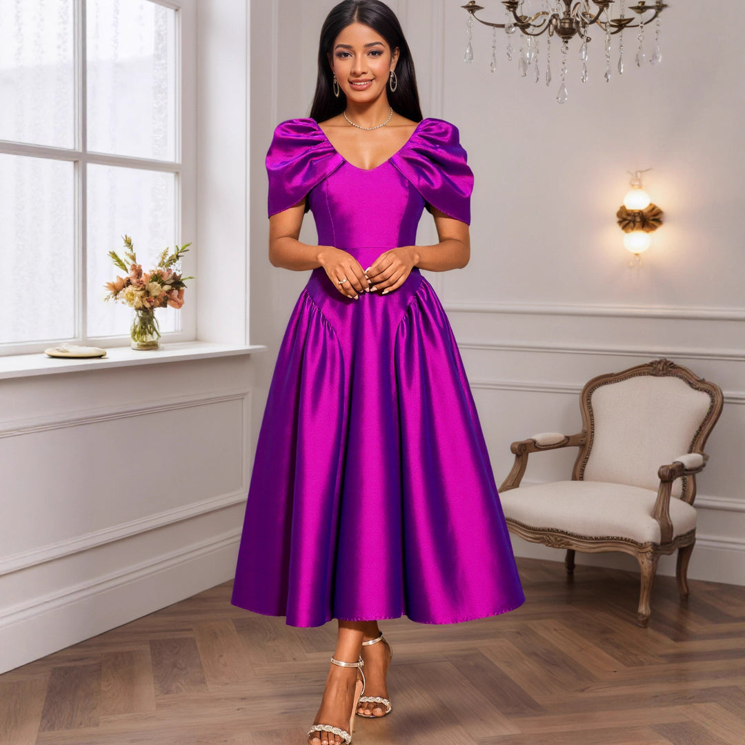 Damen elegantes Midikleid mit voluminösen Puffärmeln und schwingendem Rock Drune