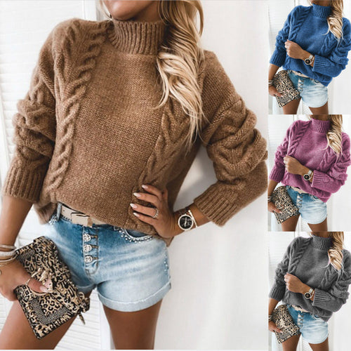 Damen Kuscheliger Strickpullover mit Zopfmuster und hohem Kragen Drune