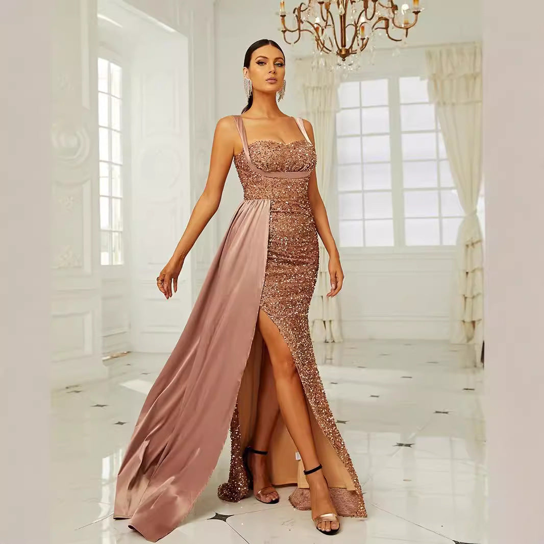 Damen Glamouröses Abendkleid mit tiefem Schlitz und Paillettenverzierung Drune