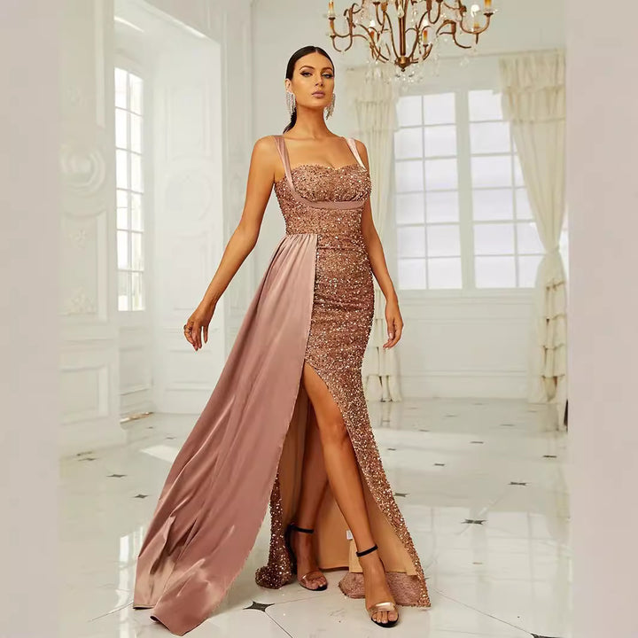 Damen Glamouröses Abendkleid mit tiefem Schlitz und Paillettenverzierung Drune