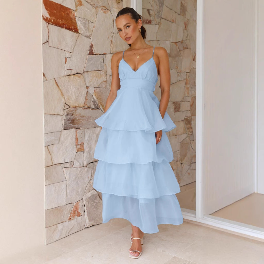 Damen luftiges Maxikleid mit Schichten und Spaghettiträgern Drune