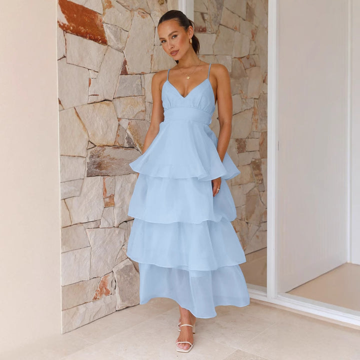 Damen luftiges Maxikleid mit Schichten und Spaghettiträgern Drune