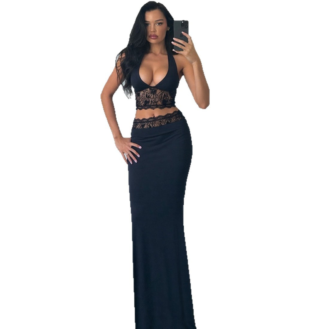 Damen Langer Sommerrock mit tiefem V-Ausschnitt und eleganter Spitzenapplikation Drune