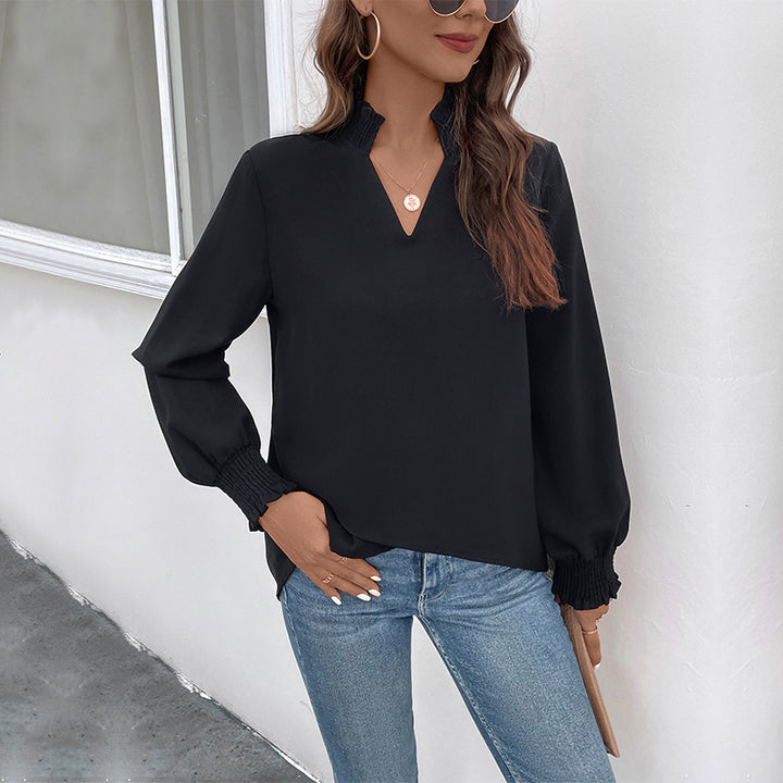 Damen lässiges Viskosebluse mit modischen Puffärmeln und V-Ausschnitt Drune