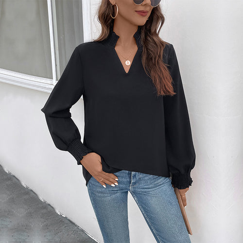 Damen lässiges Viskosebluse mit modischen Puffärmeln und V-Ausschnitt Drune