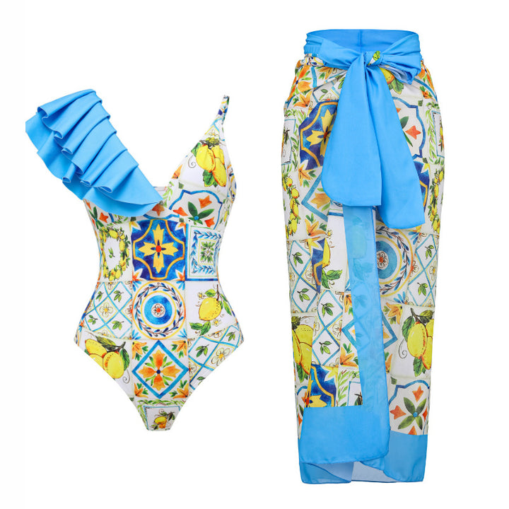 Damen Einseitiger Rüschenschwimmanzug mit floralem Muster Drune
