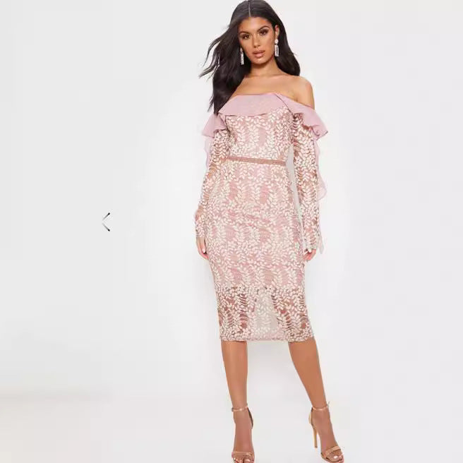 Damen Figurbetontes Spitzenkleid mit schulterfreiem Design und Rüschendetails Drune