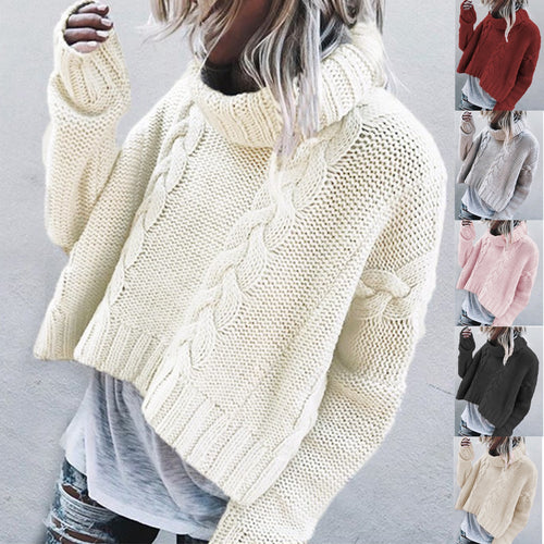 Damen Grobstrickpullover mit hohem Kragen und verspieltem Zopfmuster Drune