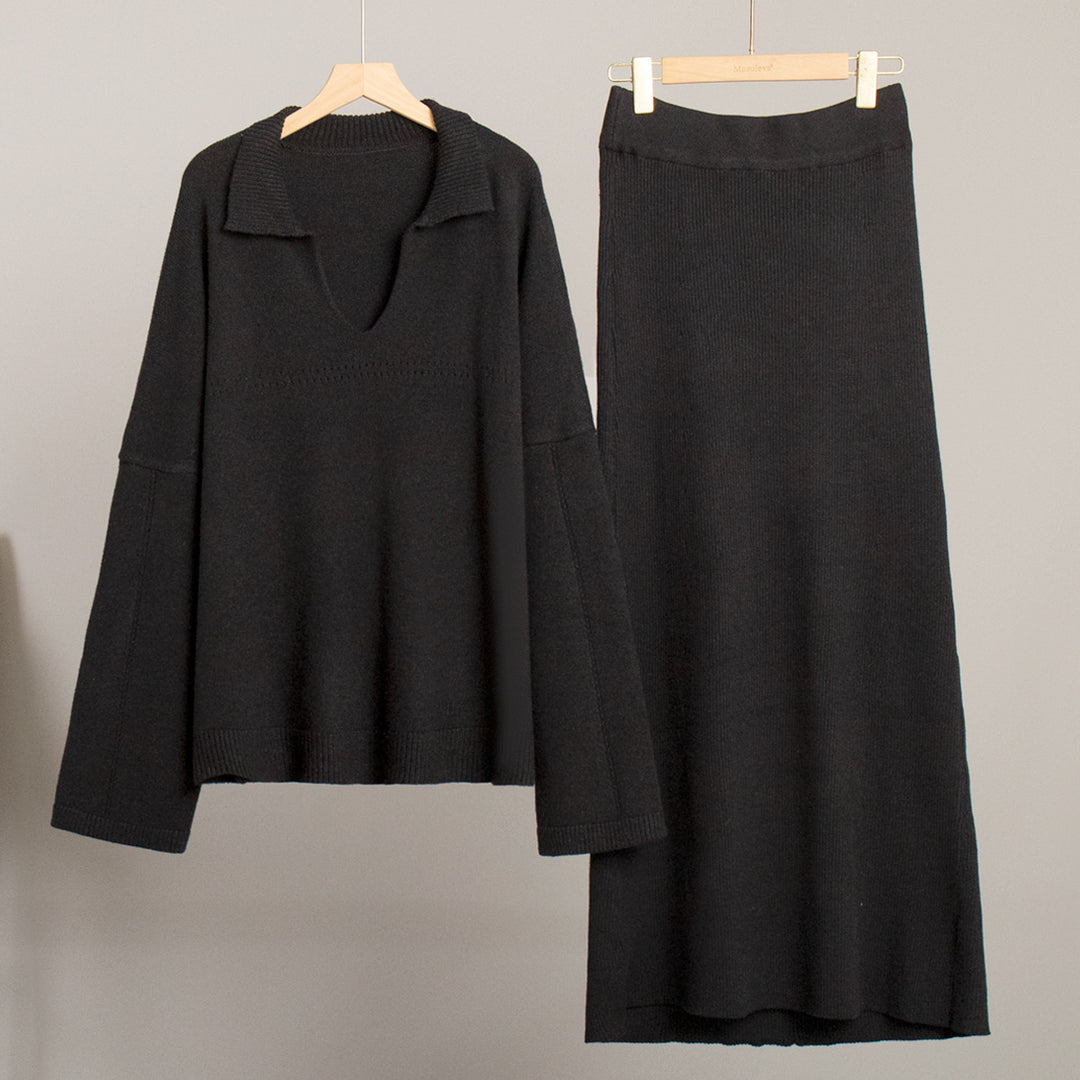 Damen Lässiger Pullover mit V-Ausschnitt und passendem Maxirock Drune