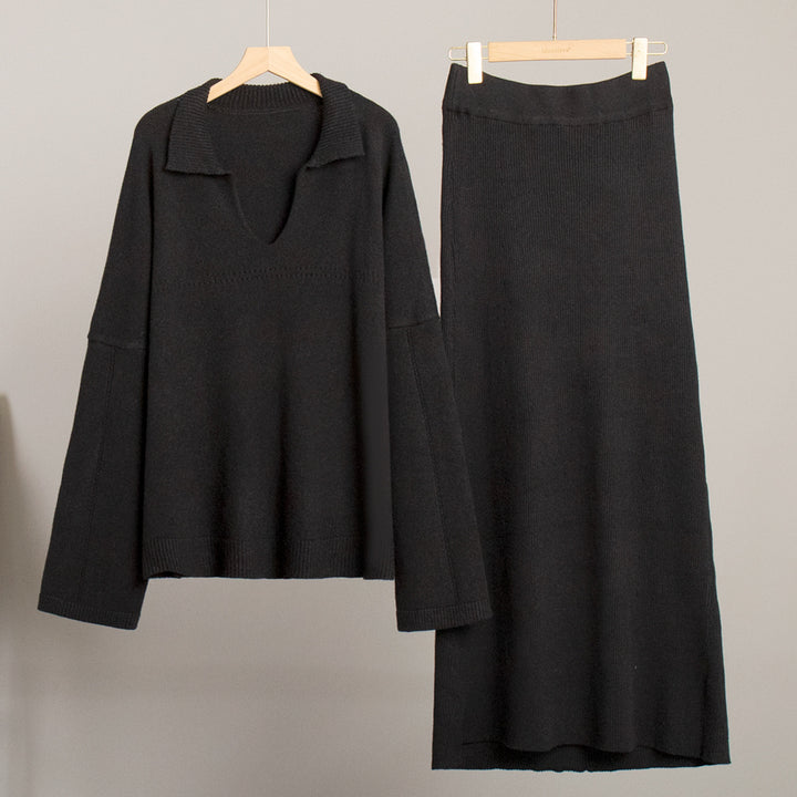 Damen Lässiger Pullover mit V-Ausschnitt und passendem Maxirock Drune