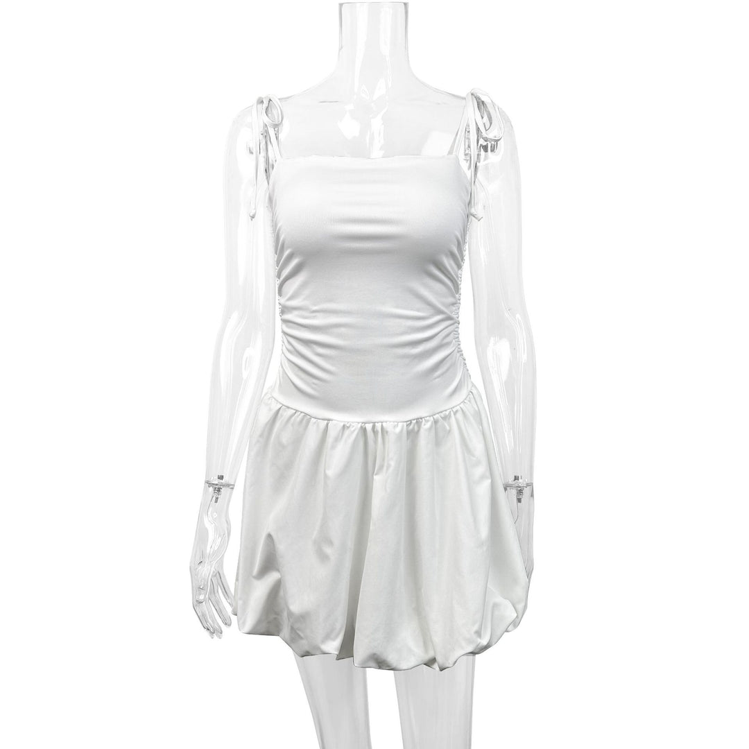 Damen verspieltes Minikleid mit Spaghetti-Trägern und gerafftem Rock Drune