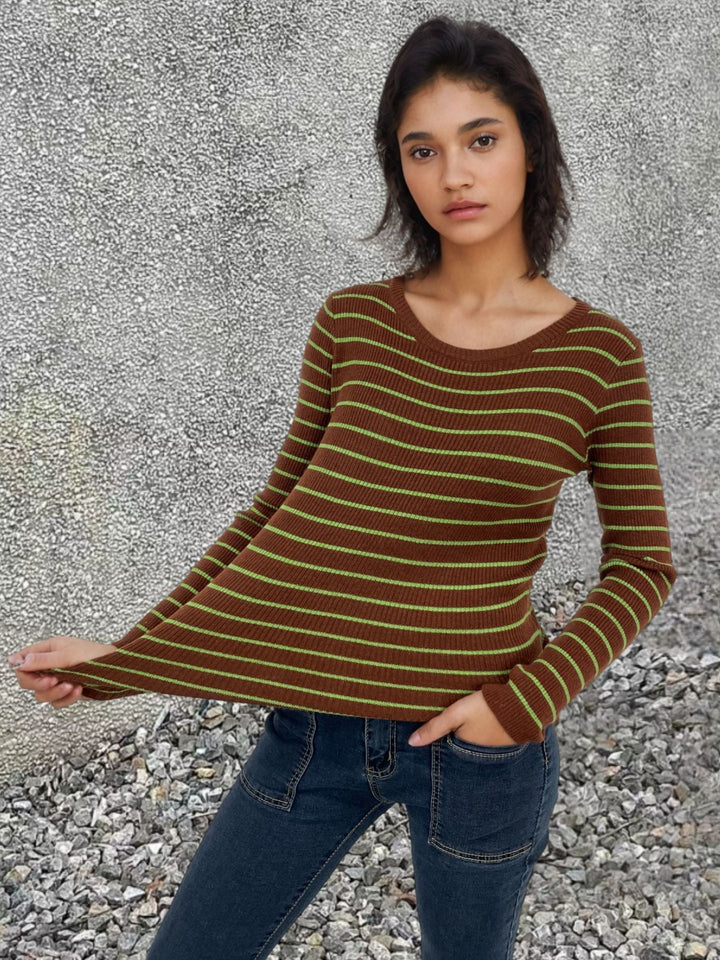 Damen Rippenpullover mit gestreiftem Design und verlängerten Ärmeln Drune