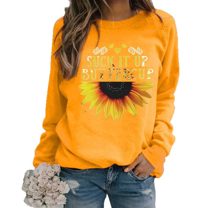 Damen Sweatshirt mit kreativem Sonnenblumenaufdruck und motivierendem Spruch Drune