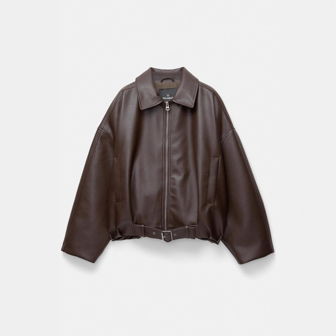 Damen nan kurz geschnittene Kunstlederjacke mit durchgehendem Reißverschluss und taillierendem Gürtel Drune
