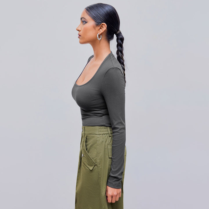 Damen Langarmshirt mit tiefem Rundhalsausschnitt und modischer Rippstruktur Drune