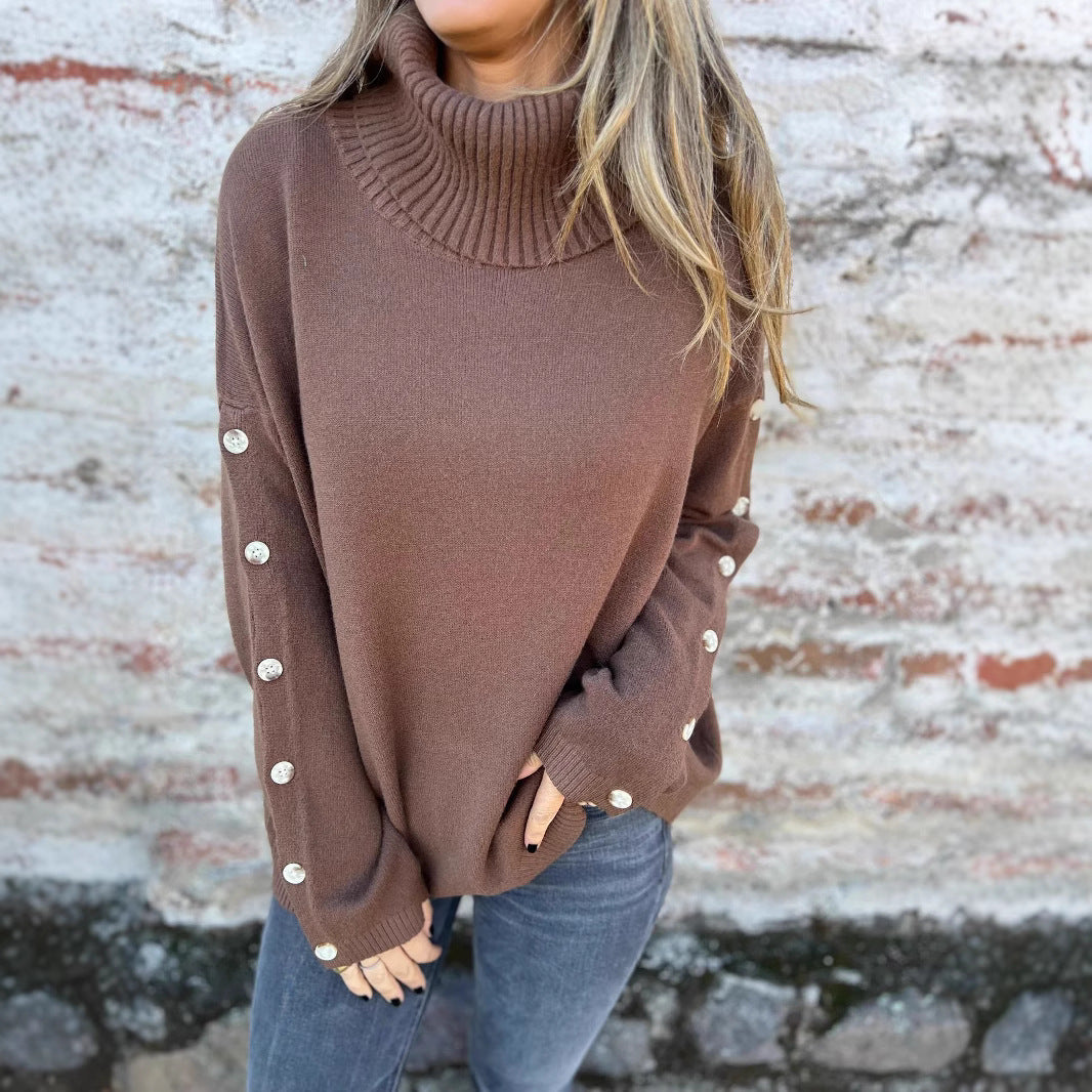 Damen hochschuliger Strickpullover mit Knopfdetails Drune