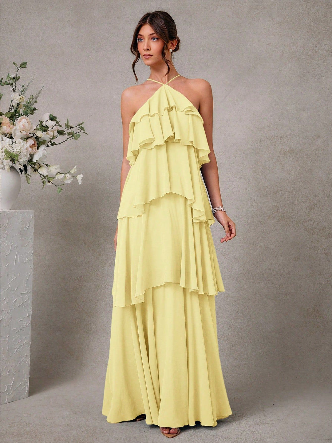 Damen Maxikleid mit voluminösen Rüschendetails und elegantem V-Ausschnitt Drune
