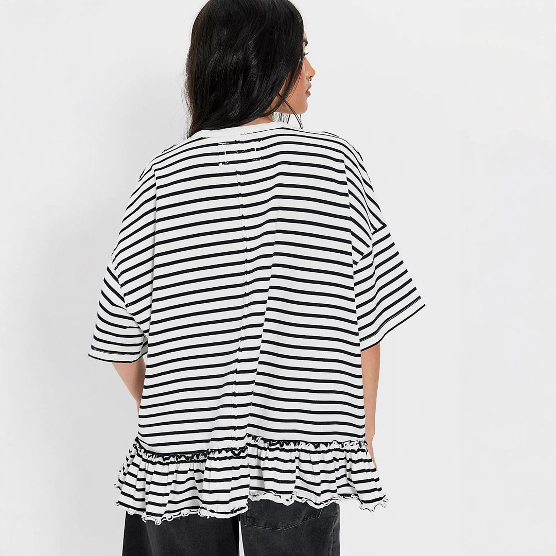 Damen Oversized gestreiftes T-Shirt mit Rüschendetail Drune