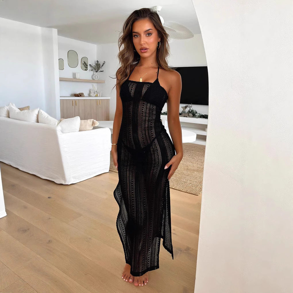 Damen luftiges Strandkleid mit feinen Häkelmustern und verstellbaren Trägern Drune