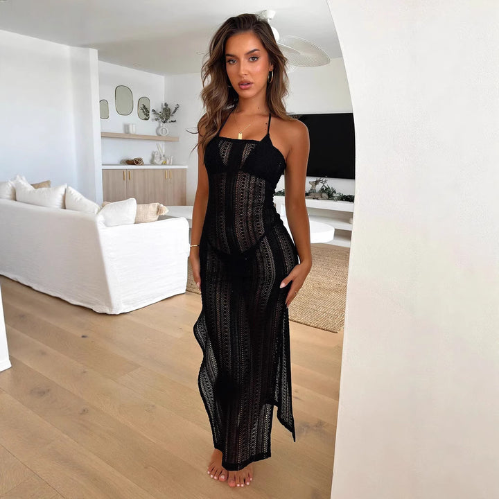 Damen luftiges Strandkleid mit feinen Häkelmustern und verstellbaren Trägern Drune
