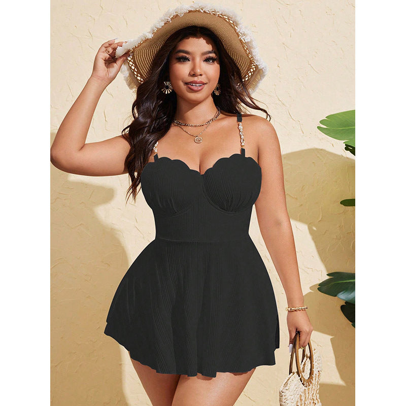 Damen Plissierter Strandkleid Badeanzug mit verstellbaren Trägern und romantischem Ausschnitt Drune