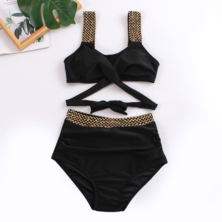 Damen Hochgeschnittener Bikini mit modischem Wickeloberteil und glamourösen Akzenten Drune