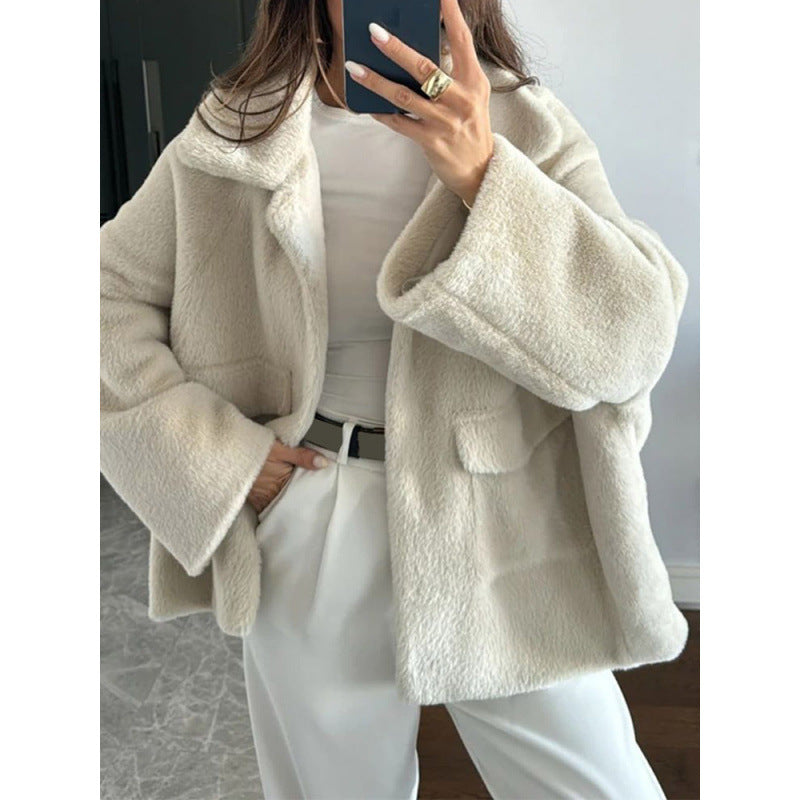Damen Kuschelige Teddyjacke mit großem Revers und praktischen Taschen Drune