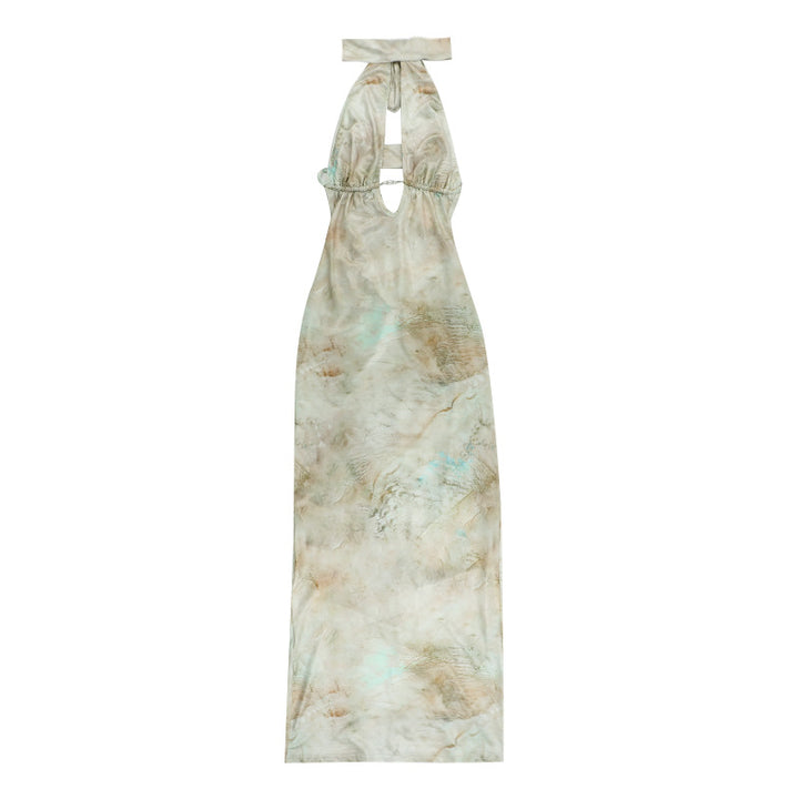 Damen elegantes Maxikleid mit kreativem Schlitz und schimmerndem Wasserfallausschnitt Drune