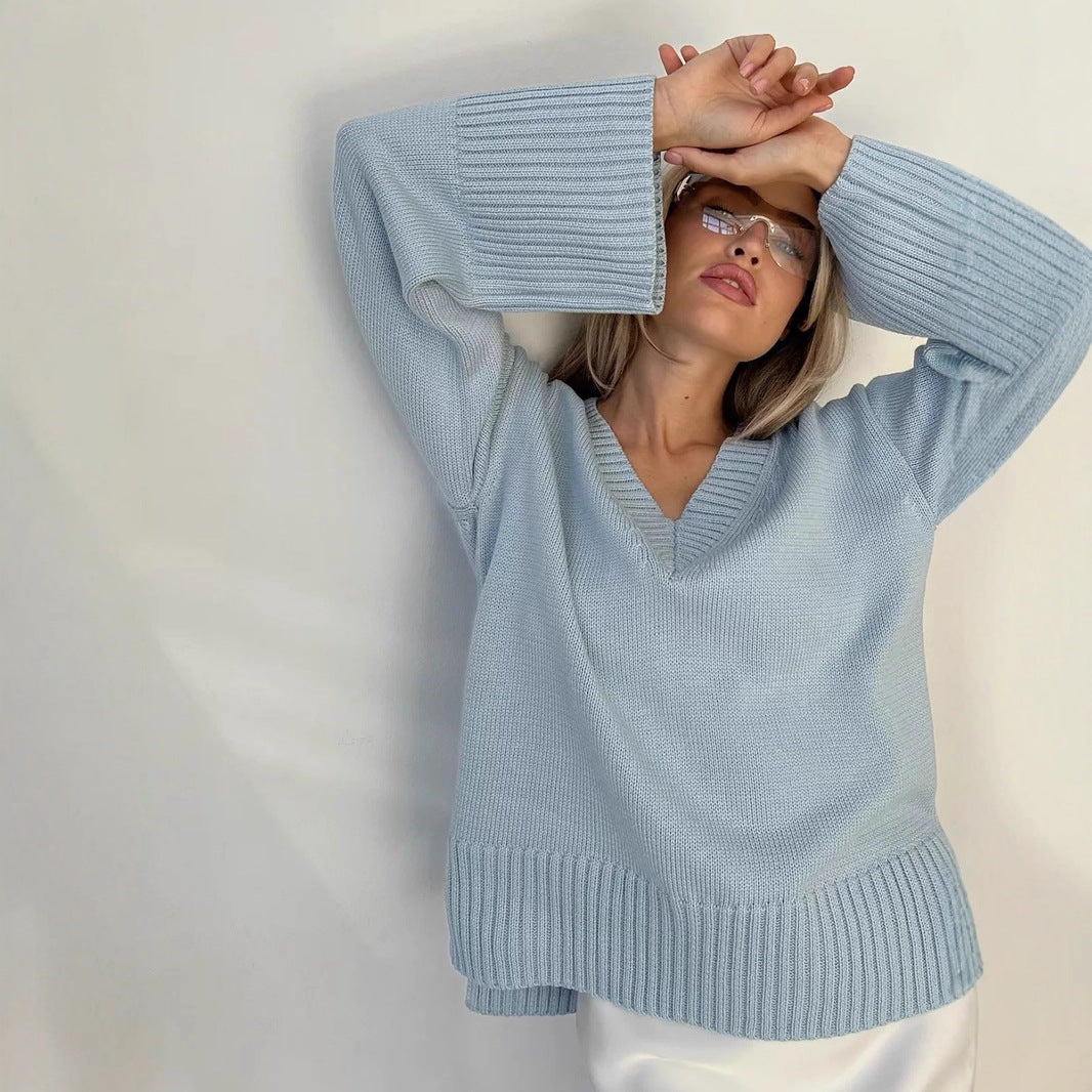 Damen nan oversized Feinstrickpullover mit tiefem V-Ausschnitt, gerippten Bündchen und lockerer Silhouette Drune