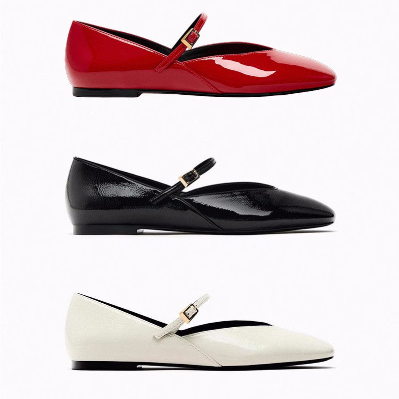 Damen nan elegante Lack-Mary-Jane-Ballerinas mit feiner Metallschnalle und spitzer Vorderkappe Drune