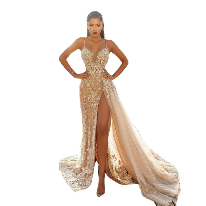 Damen Glamouröses Abendkleid mit tiefem V-Ausschnitt und funkelnden Verzierungen Drune