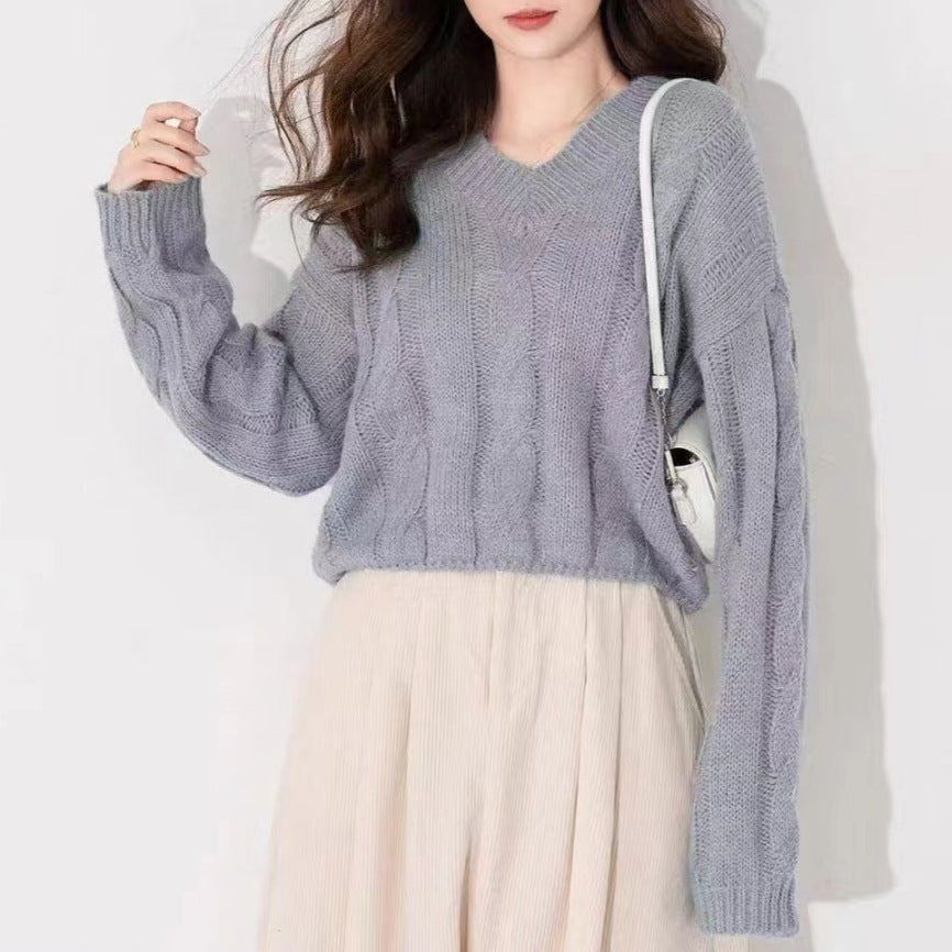Damen Strickpullover mit Zopf-Muster und V-Ausschnitt Drune