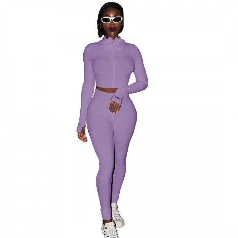 Damen Sportliches Figurbetontes Set mit hohem Kragen und eleganten Rippdetails Drune