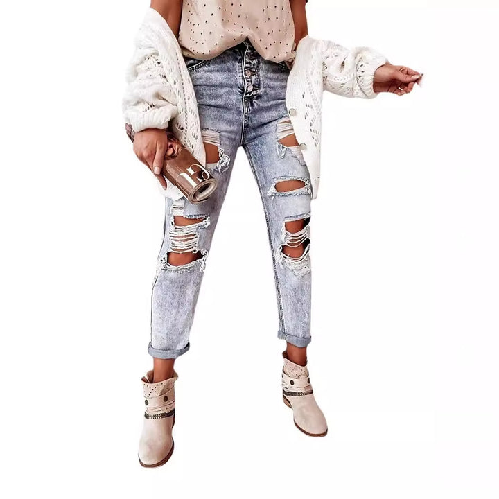Damen Destroyed Jeans im lässigen Boyfriend-Schnitt mit hohem Bund und Details Drune