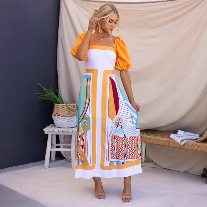 Damen Maxikleid mit kreativem Kunstdruck und Puffärmeln Drune