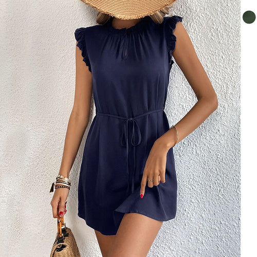 Damen lässiges Sommerkleid mit Rüschendetails und vorteilhaftem Bindegürtel Drune