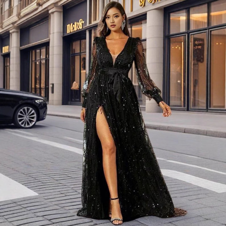 Damen Glitzerndes Abendkleid mit hochgeschlossenem V-Ausschnitt und seitlichem Schlitz Drune