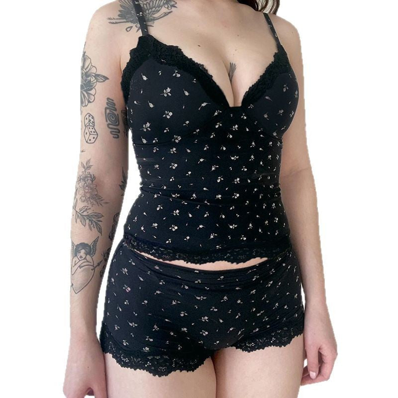 Damen Nachtwäsche-Set mit zarten Spitzenakzenten und verspieltem Blumenmuster Drune