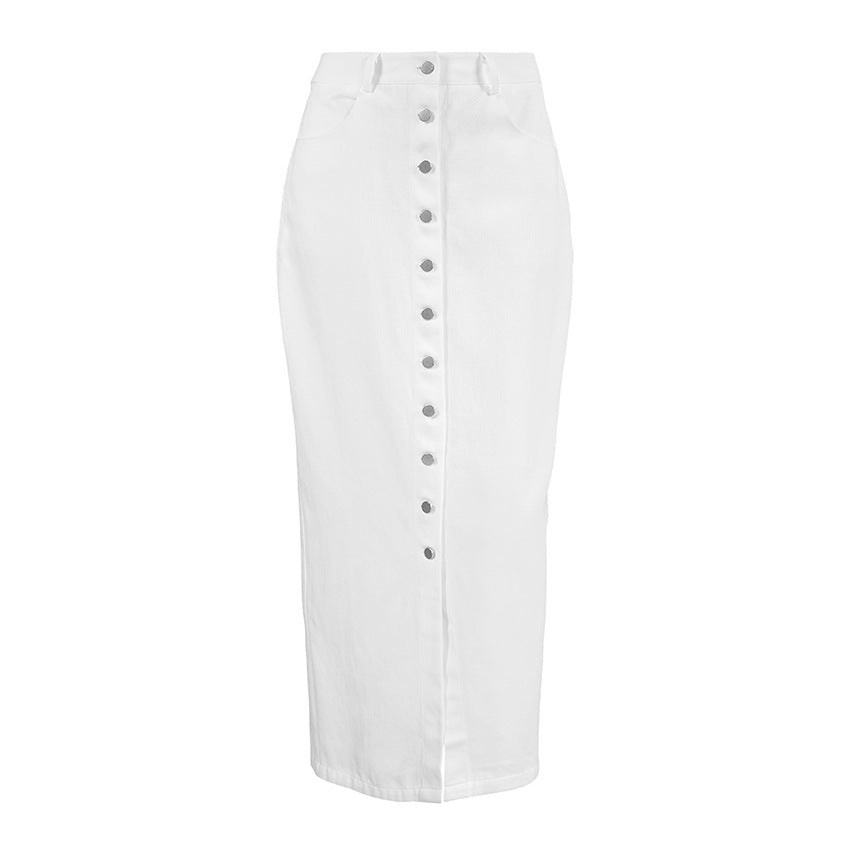 Damen langer Denimrock mit Knopfdetails und eleganter Teilung Drune