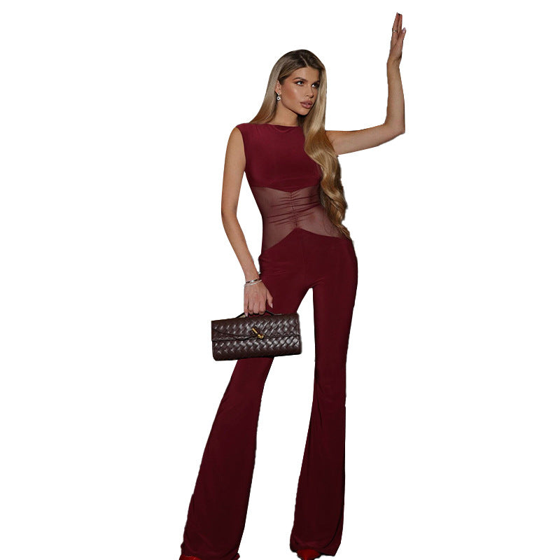 Damen Eleganter Jumpsuit mit transparenten Einsätzen und weitem Bein Drune