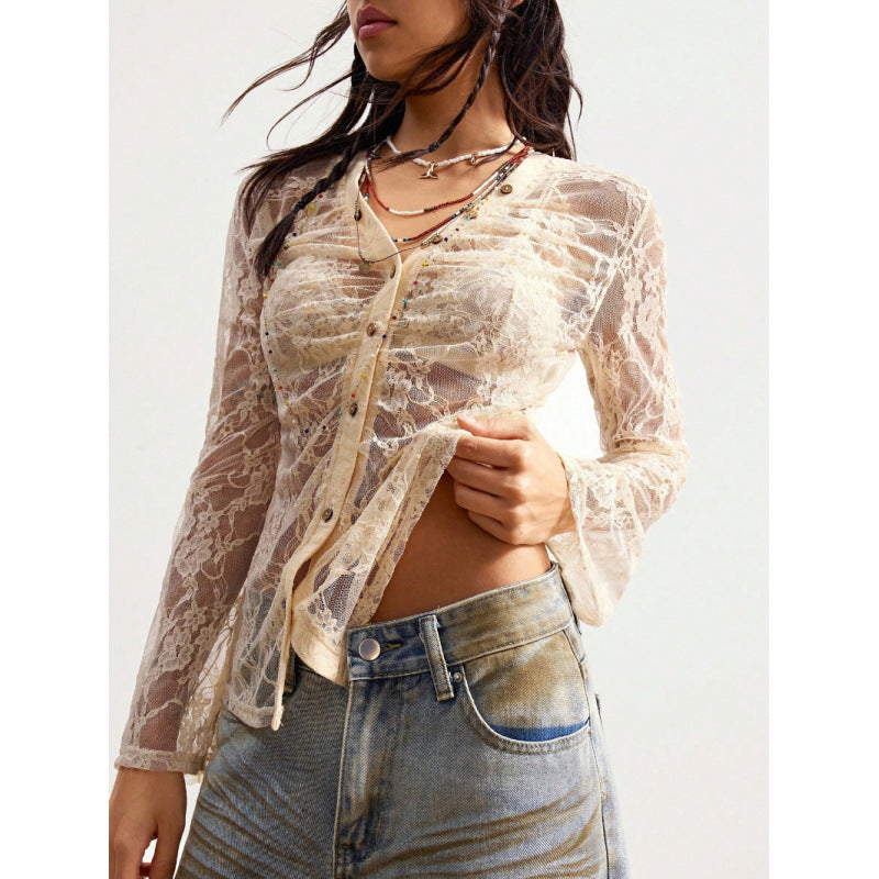 Damen Spitzenbluse mit zarter Wirkung und Knopfdetails Drune