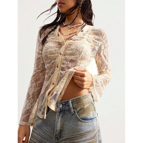Damen Spitzenbluse mit zarter Wirkung und Knopfdetails Drune