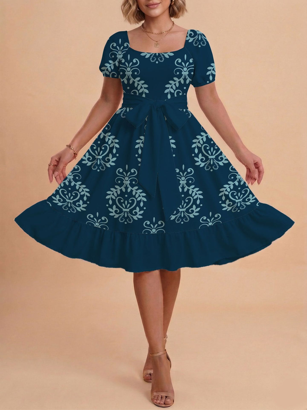 Damen Retro Maxikleid mit Puffärmeln und Taillengürtel Drune