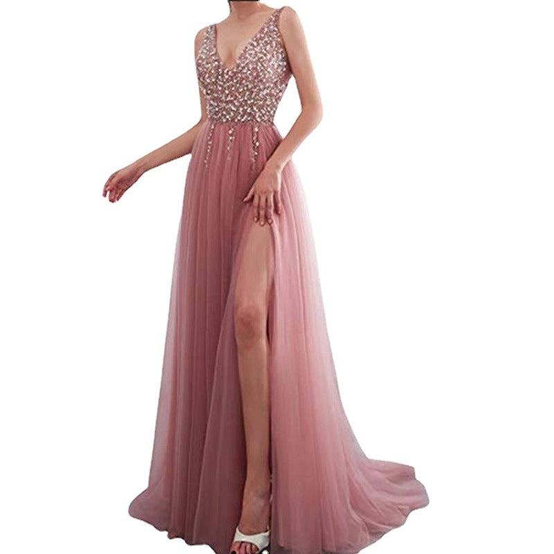 Damen Elegantes Maxikleid mit schimmerndem Oberteil und hohem Schlitz Drune