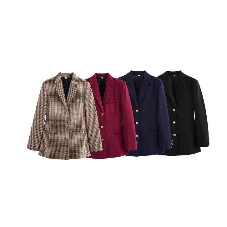 Damen Karierter Blazer mit goldenen Knopfdetails Drune